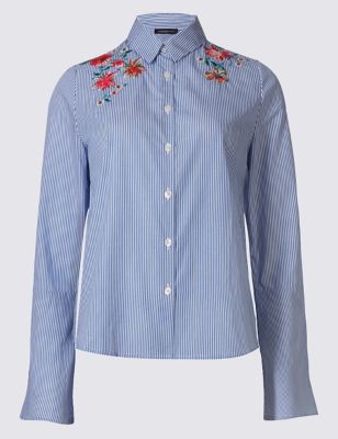 Pure Cotton Floral Embroidered Flared Sleeve Shirt